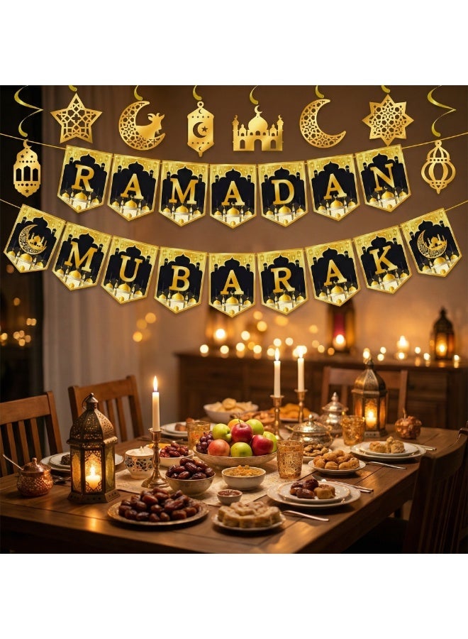 9 PCS Ramadan Mubarak Decoration Set, Black & Gold Bunting Banner with Hanging Swirls, Ceiling Streamers, Moon Star Lantern Cutouts, Islamic Home Party Supplies, Eid Festival Decor - Image 4